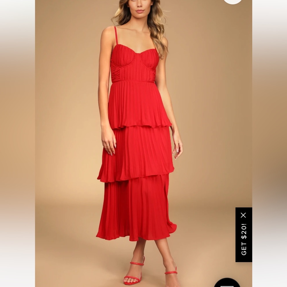 Cascading Crush Red Tiered Bustier Midi Dress